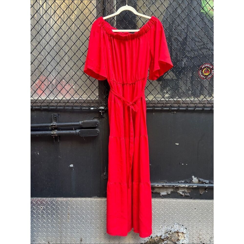 New York & Company Red Off-Shoulder Tiered Maxi Dress with Tie Waist Size Medium